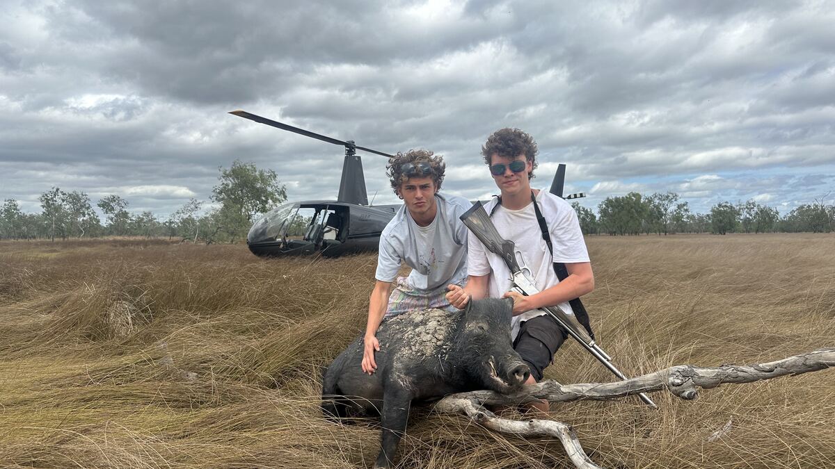 Hunters with a feral pig and the helicopter on a Cape York hunt